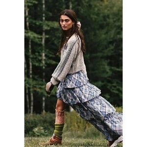 Free People Sawyer Blue Plaid Tiered Maxi Skirt • Size XS